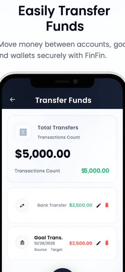 Transfers list including bank transfer and goal transfer