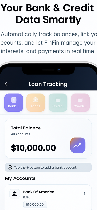 Bank accounts, credit cards and loans hub with totals