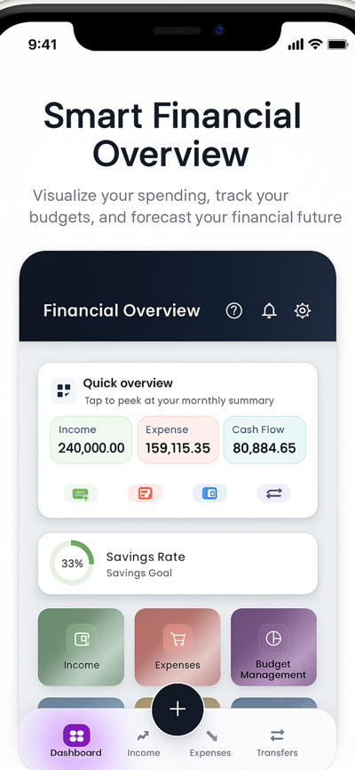 Dashboard with total balance, income vs expense and AI insights