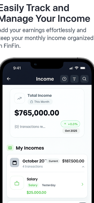Income page with totals and categorized entries